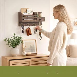 <span class=keywords><strong>Porte</strong></span>-clés <span class=keywords><strong>mural</strong></span> en bois avec clip pour clés et 8 crochets, idéal pour les entrées, les portes et les couloirs - Product Image 2