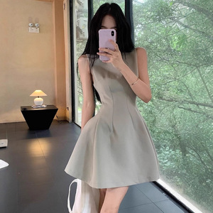 Sleeveless Vest Dress Women 2025 Summer Elegant <b>Thin</b> Fabric <b>Tight</b> Waist A Line Short Skirt Solid Color Breathable Daily Wear - Product Image 1