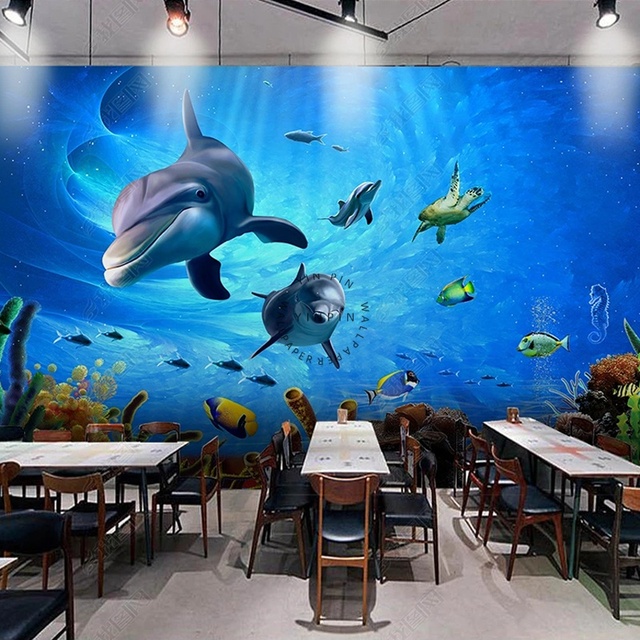 Deep Sea Dolphins Adhesive Wall 3d Ocean Wallpaper in Children's Room