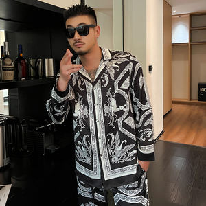 Moda pigiama da uomo in seta di alta qualità con stampa con angelo a manica lunga 2 pezzi per uomo e donna - Product Image 5