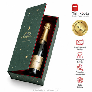 Boîte cadeau personnalisée pour <span class=keywords><strong>champagne</strong></span>, 1 bouteille, feuille d'or, sapin de Noël, doublure en velours rouge, boîte en carton de luxe pour les fêtes, vente en gros - Product Image 1