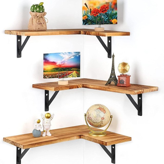 Wholesale Sturdy Wooden Floating Corner Wall Mounted Shelf Multifunction Customized Logo Simple Modern Brown Decorative Living