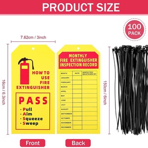 Etiquetas de inspección para extintores de incendios, tarjetas de registro mensuales de polipropileno amarillo con instrucciones y cordones - Product Image 2