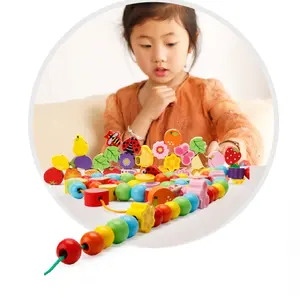 批发儿童串珠树串玩具水果蝴蝶瓢虫串珠儿童木制穿线玩具