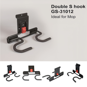 Supporto per scopa e mocio da parete resistente <span class=keywords><strong>con</strong></span> doppio gancio a S, blocco di sicurezza rosso, ecologico, in ferro durevole, moderno, per garage - Product Image 1