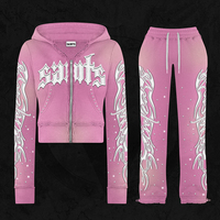 Ensemble de survêtements personnalisés en strass Fabricant de sweat à capuche court et de pantalon de survêtement empilés Jogger Skinny Outfits Femmes