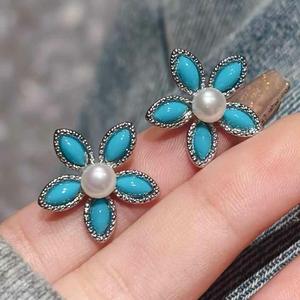 New Spring/Summer Trendy <strong>Stud</strong> <strong>Earrings</strong> Fresh <strong>Blue</strong> Turquoise Freshwater Pearl Platinum Plated Small Flower Design for Women's - Product Image 2