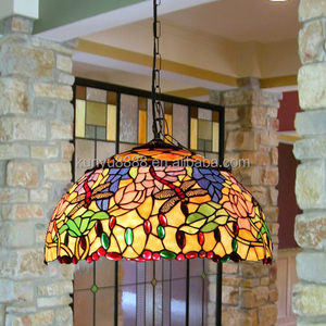 European Style Pastoral <b>Small</b> 18'' <b>Tin</b> Soldered Dragonfly LED Pendant Stained Glass Chandelier 2700K Warm White Adjustable - Product Image 1