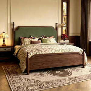 Premium Queen Size Dark Wood Spindle <b>Bed</b> With Green Velvet Arched Upholstered Headboard For Bedroom - Product Image 1