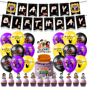 <span class=keywords><strong>Série</strong></span> <span class=keywords><strong>télévisée</strong></span> américaine-Les fournitures de fête d'anniversaire des amis comprennent une bannière JOYEUX ANNIVERSAIRE Ballon Gâteau Cupcake Topper DIY Home Party Supplies - Product Image 1