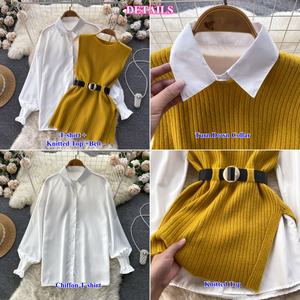 Conjunto informal de otoño y primavera para mujer, <span class=keywords><strong>camiseta</strong></span> <span class=keywords><strong>blanca</strong></span> de manga larga + Chaleco de punto <span class=keywords><strong>con</strong></span> abertura, <span class=keywords><strong>traje</strong></span> elegante para mujer - Product Image 4