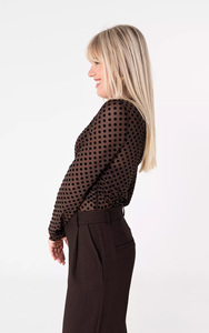 Camicetta in Velluto <span class=keywords><strong>Marrone</strong></span> con Pois e Rete Personalizzata OEM per <span class=keywords><strong>Donna</strong></span> |   Top Trasparente Seducente per una Serata Elegante o un Look Raffinato da Sera Camicia da <span class=keywords><strong>Donna</strong></span> - Product Image 5