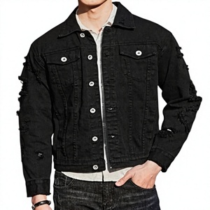 Chaqueta de Mezclilla Negra para Hombre, Estilo Casual, Cierre de Botones, Color Sólido, Desgastada, Corte Regular, Otoño Invierno, Lavable, 100% Algodón - Product Image 1