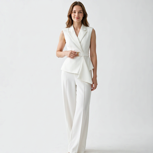 <b>Women</b> <b>White</b> Sleeveless Business <b>Suit</b> Set Asymmetric Hem Belt Wide Leg <b>Trousers</b> Two Piece Elegant Office Formal <b>Suit</b> For Ladies - Product Image 3