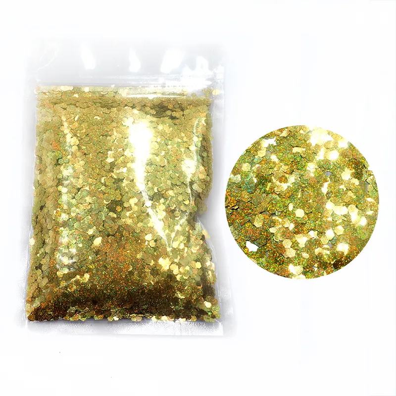 Gold large six deformation laser glitter wholesale bulk bag PET long nail body glitter