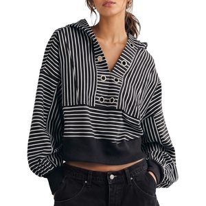 Womens Striped <b>Cropped</b> Hoodie Oversized Sweatshirt V Neck <b>Long</b> <b>Sleeve</b> Loose Fit Knitted Cotton Blend <b>Top</b> - Product Image 1