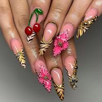 Ongles artificiels faits main en acrylique, à pression, couvrance totale, longs, forme Stiletto, motif pois rouge nude, fleur rose 3D, perles dorées, romantiques