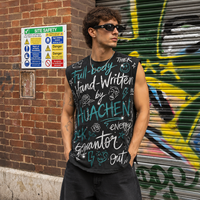 T-shirt sans manches personnalisé 300 GSM, délavé à l'acide, imprimé graffiti intégral, détail strass écrit à la main, ourlet brut, OEM, marque privée