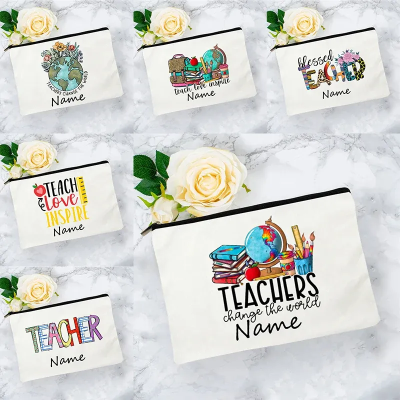 맞춤형 이름 교사가 세계를 바꾼다 메이크업 가방 여성용 화장품 가방 여행 세면도구 주최자 학교 교사 선물