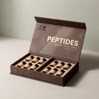 Boîte rigide personnalisée en carton blanc et gris pour 6 flacons de peptides avec doublure en éponge, impression offset quadricolore, soins personnels