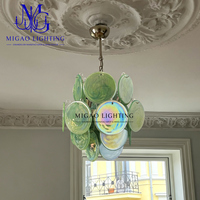 Lustre en verre rétro médiéval haut de gamme français, suspension en disques superposés motif nuage vert pour villa, salon et salle à manger