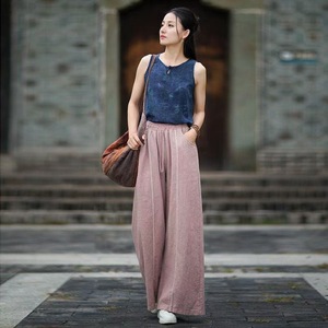 Cotton Linen Wide Leg Pants Women Loose Casual Long Drawstring Purple Khaki Pink Artistic Literary Style JK-576 - Product Image 4