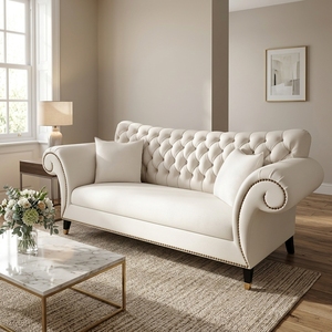 Elegante Juego de Sofás Chesterfield Gótico Vintage 2+3, Muebles de Estilo <span class=keywords><strong>Americano</strong></span> en Color Crema Cálido, Juego de Sofás Tapizados en Tela para Sala de Estar - Product Image 2