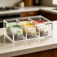 Boîte de rangement pour sachets de thé en acrylique de luxe avec couvercle, 4 compartiments, boîte à thé dorée avec inscription 'Tea', présentoir pour comptoirs de cuisine