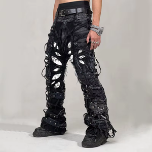 DiZNEW 도매 남성 청바지 인쇄 하이 스트리트 스타일 스택 슬림 연필 바지 캐주얼 패션 남성 청바지 플러스 사이즈 청바지 - Product Image 3