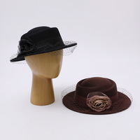 Chapeau en feutre de laine chic français pour femme, élégant, vintage, avec voile en maille et fleur rose, romantique, tendance, nouvelle collection automne, formel