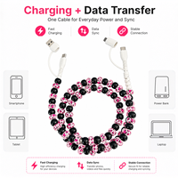 Câble de charge multi-usage 4 en 1 à imprimé léopard, rose et noir, avec perles, USB Type C, transfert de données