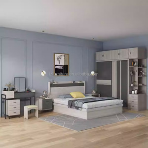 Ensembles de meubles de chambre modernes et économiques : lit de rangement avec tables de chevet, armoire coulissante et coiffeuse pour appartement studio - Product Image 1