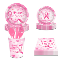 Huancai fournitures de fête de sensibilisation au cancer du sein ruban rose assiettes en papier tasses serviettes ensemble de vaisselle jetable pour décor de fête