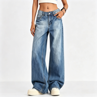 Jean vintage bleu clair délavé, coupe droite, jambe large, taille basse, extensible, pour femme