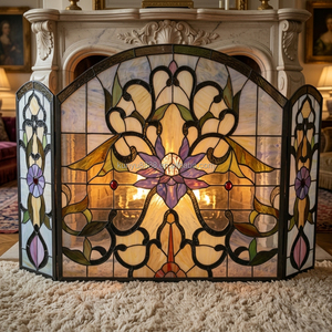 Stained Glass Fireplace <b>Screen</b> 3 Panels Floral Iris Design Traditional Decor Cathedral Shape Solid Handmade <b>Folding</b> Living Room - Product Image 5