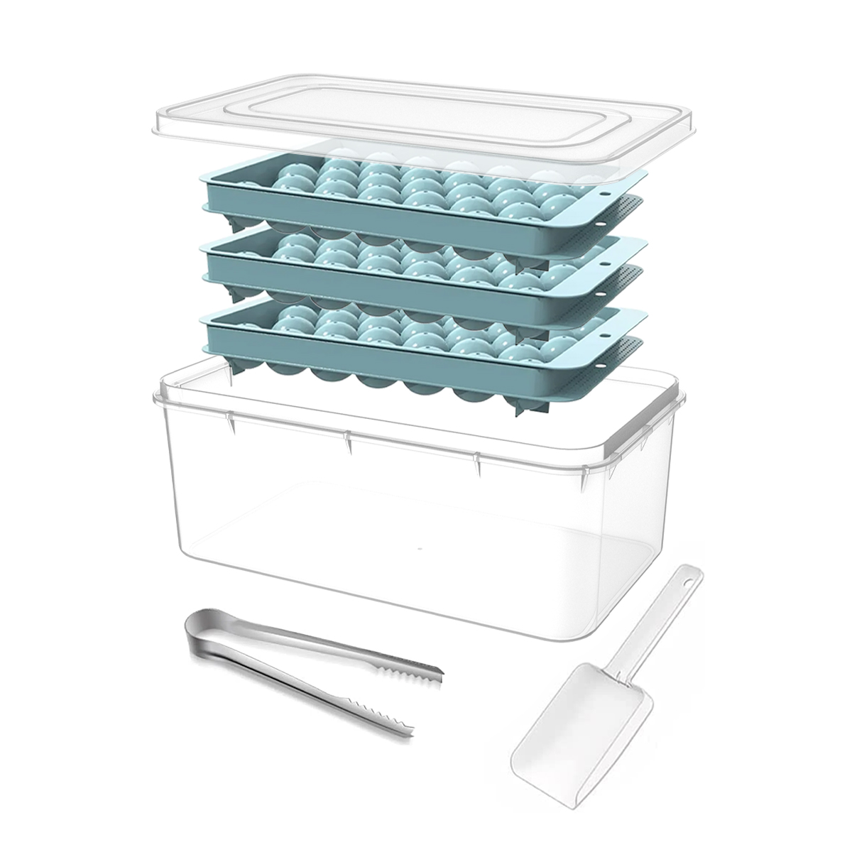 3 bacs à glaçons, 1 pelle à glace, 1 pince et 1 bac