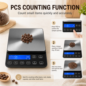 เครื่องชั่งอาหารดิจิตอลแบบอิเล็กทรอนิกส์ สแตนเลสสตีล พร้อมจอ LCD แสดงผลสีน้ำเงิน รองรับ ODM  ตั้งเวลาได้  ฟังก์ชั่นชั่งน้ำหนักแบบ Tare  หน่วยการชั่งแบบ PCS  และสวิตช์ควบคุม - Product Image 5