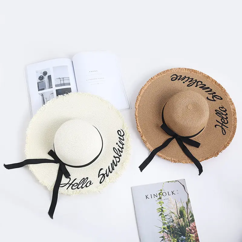 2023 Women Lady Beach Wide Brim sunshade Straw hats custom logo embroider beach lady hats wholesale