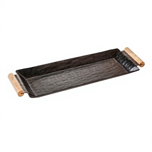 Modern <b>Black</b> Metal Eco-Friendly Handmade Serving Tray Mango Wood Handles Rectangular Decorative for Tea Coffee Home Kitchen Use - Product Image 1