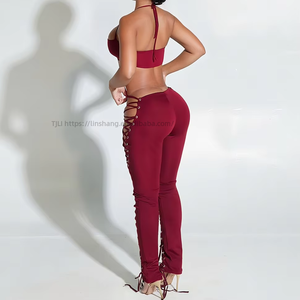 Women's Solid Color Halter Neck <b>Tie</b>-Front Top & Lace-Up Sexy Pants 2-Piece <b>Set</b> Fashion - Product Image 2