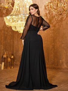 Nuovi Arrivi: Abito da Sera Lungo Nero <span class=keywords><strong>con</strong></span> Paillettes a Forma di Diamante, Pannello in Rete Ricamato, Maniche Lunghe, Scollo a Cuore e <span class=keywords><strong>Spacco</strong></span> Alto - Product Image 2