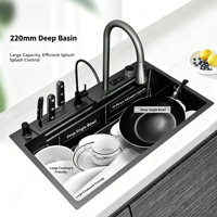 Évier de cuisine moderne à double bac en acier inoxydable brossé noir avec robinet, affichage numérique intelligent, multifonctionnel, cuisine moderne