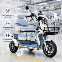 Tricycle électrique motorisé rétro-moderne à 2 places pour la mobilité urbaine, avec éclairage LED, panier avant et roues en alliage