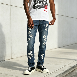 Men Fashion <b>Slim</b> Fit <b>Jeans</b> With Star Embellishments And Splash Ink Wash Streetwear Style <b>JEANS</b> - Product Image 1