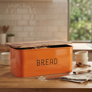 Boîte à pain rectangulaire orange avec couvercle en bois, hermétique, boîte à pain en métal rétro pour la cuisine - Product Image 6