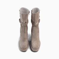 Bottes mi-mollet pour femmes en faux daim à plateforme et talon épais, avec boucle et fermeture éclair, rehaussantes, personnalisables avec logo, faible MOQ – Fabrication OEM/ODM