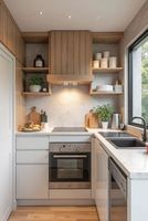Ensemble de meubles de cuisine complets de style moderne, design de cuisine moderne, armoires de cuisine modulaires avec façade en verre et éclairage LED