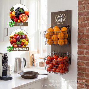 Wooden Wall Mounted Fruit And Vegetable Storage Rack Double Layer Metal Basket Kitchen <b>Potato</b> Onion Organizer - Product Image 2