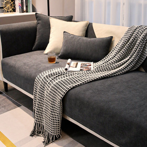 Copridivano in ciniglia universale <span class=keywords><strong>per</strong></span> quattro stagioni, moderno, semplice, grigio, antiscivolo, con cuscino, di lusso leggero. - Product Image 4