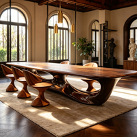 Ensemble table et chaises de salle à manger en bois de forme libre, style Wabi Sabi moderne, design unique, mobilier artistique pour appartement de luxe et salle d'exposition